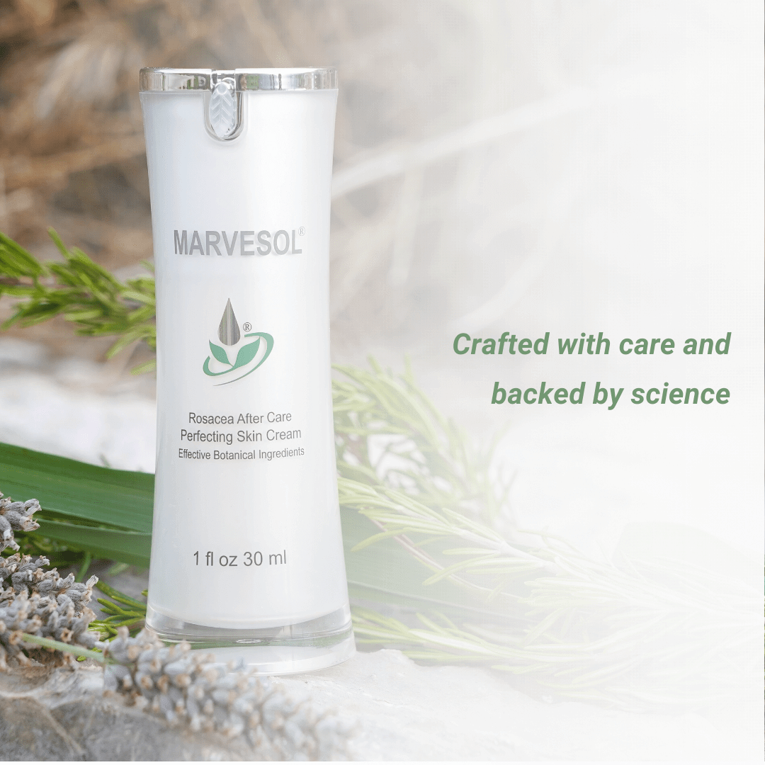 Marvesol Rosacea After Care Skin Cream bottle, the best moisturizer for rosacea with botanical ingredients