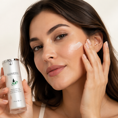Woman applying skincare product with a bottle of Skinceuticals on a neutral background