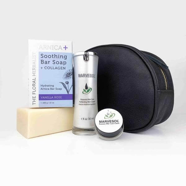 Marvesol rosacea skincare set for women with soothing bar soap, hydrating cream, and black travel pouch